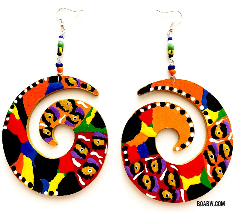 Swirl Colorful Orange Earrings Wearable Art Hand Painted Earrings BOABW image 1