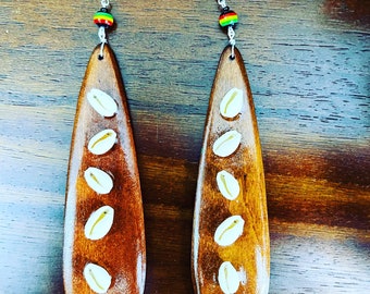 Rasta Cowrie Drop Earrings (Handmade) wooden Afrocentric Earrings Wearable Art BOABW