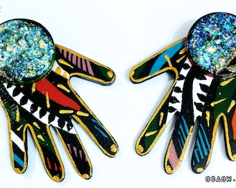 Colorful hands full of Glitter Earrings Hand Painted Earrings)  Afrocentric (BOABW)  Wearable Art
