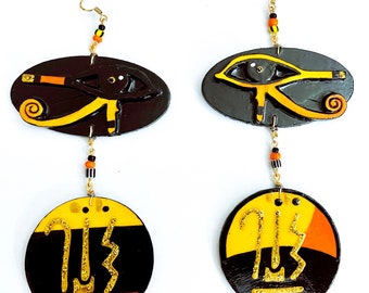 Eye of  Ra Horus SunRise Earrings Kemet Egyptian Hand Painted Earrings BOABW Wearable Art