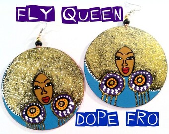 Dope Afro Fly Queen Earrings  (Hand Painted Earrings) Hand Drawn Earrings Natural Hair Earrings