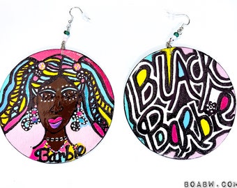 Black Barbie Earrings (Hand Painted Earrings) Wearable Art BOABW