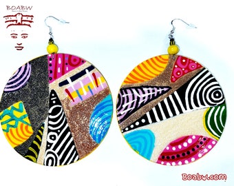 Happy in Patterns Hand Painted Earrings (Boabw) Wearable Art Afrocentric Whimsical Designs