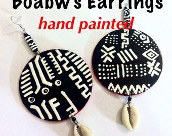 Mudcloth Red Trim Earrings Afrocentric Handmade Hand Painted Earrings Wearable Art BOABW