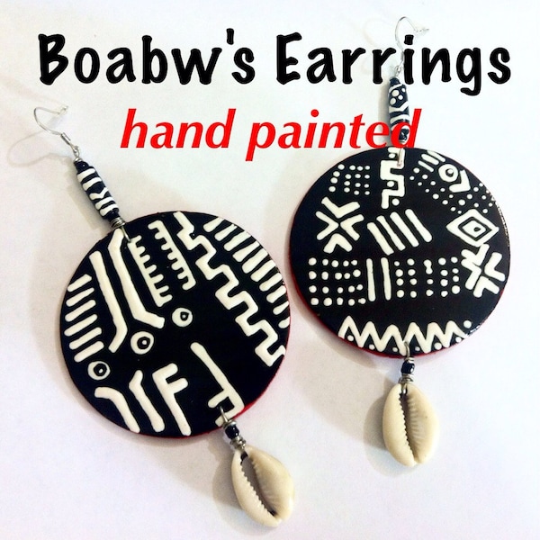 Mudcloth Red Trim Earrings Afrocentric Handmade Hand Painted Earrings Wearable Art BOABW