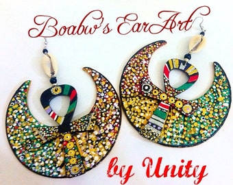 Kemetic Moon Earrings Hand Painted Earrings Afrocentric Wearable Art BOABW