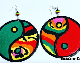 Ying Yang Fiyah Earrings Hand Painted Earrings BOABW HANDMADE Wearable Art