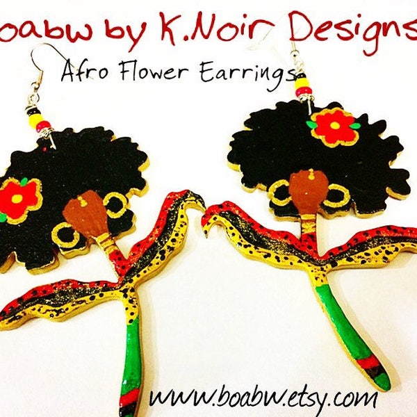 Afro Flowers Earrings Hand Painted Earrings) Painted  (Natural Hair Earrings) Afrocentric BOABW