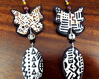 Mudcloth Butterfly Drops Earrings (Handmade Hand Painted Earrings) Afrocentric Wearable Art BOABW