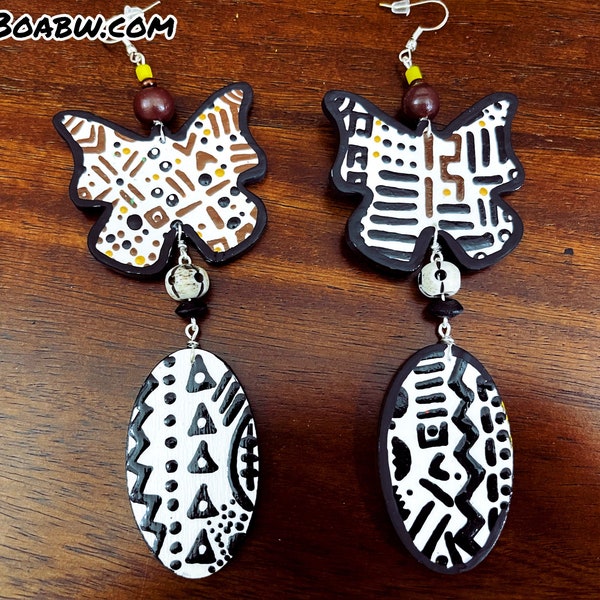 Mudcloth Butterfly Drops Earrings (Handmade Hand Painted Earrings) Afrocentric Wearable Art BOABW