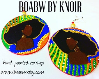 Regal Afro Melanin Empress Earrings Hand Painted Earrings) Hand Drawn Earrings Afrocentric Afro Art Brown Skin Girl