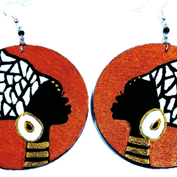 On & On Headwrap Earrings (BW)  (Hand Painted Earrings) Hand Drawn Earrings Afrocentric Handmade BOABW