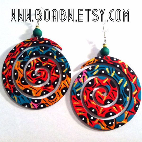 Orange Swirl Moon Earrings (Hand Painted Earrings) Afrocentric Indigenous Wearable Art BOABW