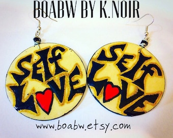 Self Love Earrings  (Hand Painted Earrings) Hand Drawn Earrings (Statement Earrings) (BOABW)