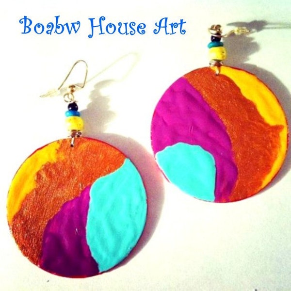 Bohemian Island Earrings  (Hand Painted Earrings) Wearable Art (wood earrings) BOABW