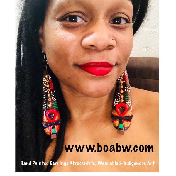 Indigenous Ankh Life Earrings (Hand Painted Earrings) Afrocentric Handmade Wearable Art Egyptian Earrings Boabw