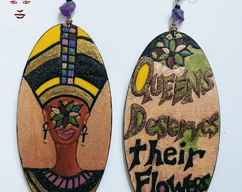 Queens Deserves Their Flowers Now (Amethyst) Hand Painted Earrings Wearable Art Handmade (BOABW)