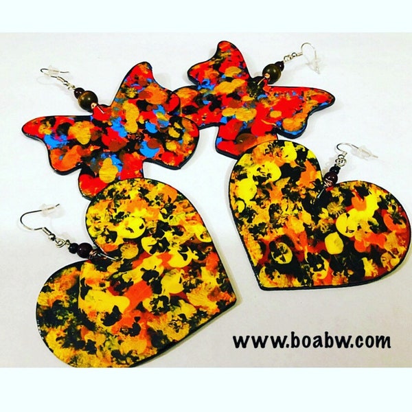 Finger Painted Butterflies & Heart Earrings Wearable Hand Painted Afrocentric Earrings BOABW
