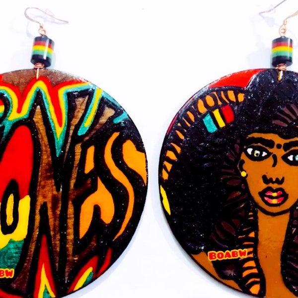 BOABW’S Ethiopian Lioness Earrings (Hand Painted Earrings) Afrocentric Wearable Art