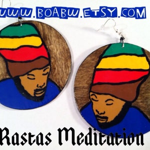 Rastas Meditation Earrings Hand Painted Earrings) Hand Drawn Earrings Rasta Man (Afrocentric)