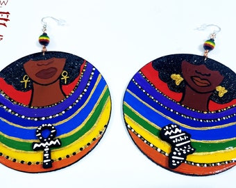 Chakras Sistar Earrings (Hand Painted Earrings) Wood Earrings AFROCENTRIC Wearable Art Boabw