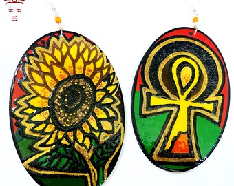 Sunflower Life Earrings Hand Painted Earrings) Handmade Earrings Queen (BOABW)  Ankh Wearable Art