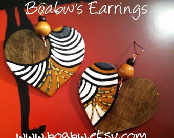 Culture Wood Heart Earrings (Hand Painted Earrings) Afrocentric (indigenous Art) Natural Hair Earrings (BOABW)