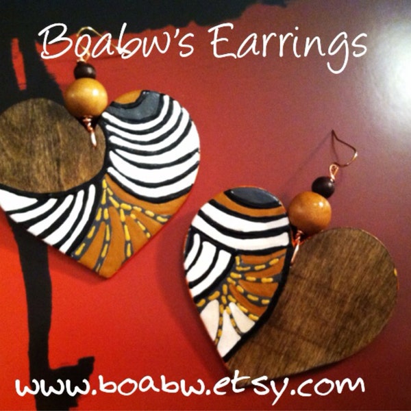 Culture Wood Heart Earrings (Hand Painted Earrings) Afrocentric (indigenous Art) Natural Hair Earrings (BOABW)