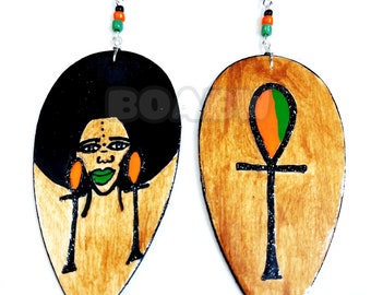 Long Ankh Fro Earrings (Hand Painted Earrings) Wearable Art Wood Handmade Painted