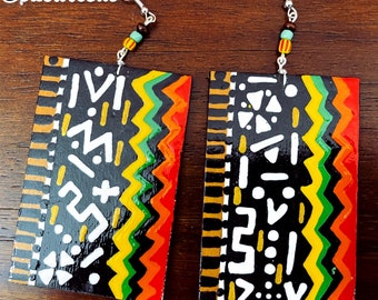 Mudcloth rectangle Earrings BOABW Hand Painted Earrings Afrocentric Earrings wearable art