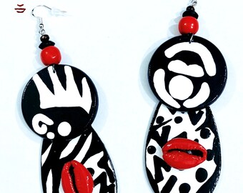 Fiyah Black & White Earrings (Hand Painted Earrings) Wearable Art Boabw