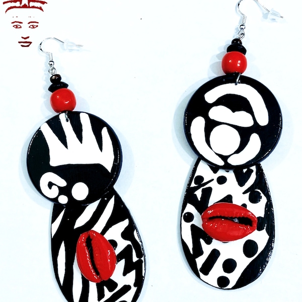 Fiyah Black & White Earrings (Hand Painted Earrings) Wearable Art Boabw