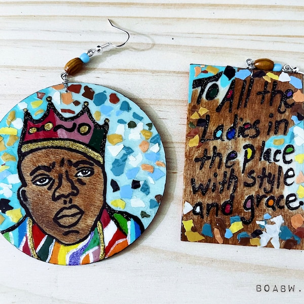 BIGGIE Style and Grace Earrings) Hand Painted Earrings HIP HOP Boabw