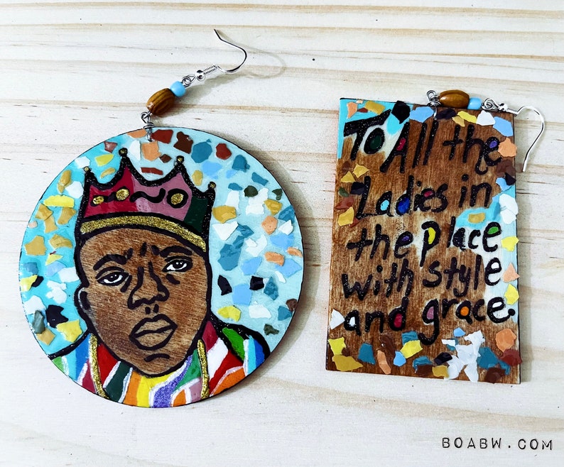 BIGGIE Style and Grace Earrings Hand Painted Earrings HIP HOP Boabw image 1