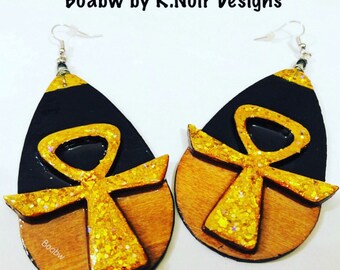 Golden Stained Ankh Earrings (Handcrafted Handmade Hand Painted Earrings BOABW Wearable Afrocentric Indigenous Art