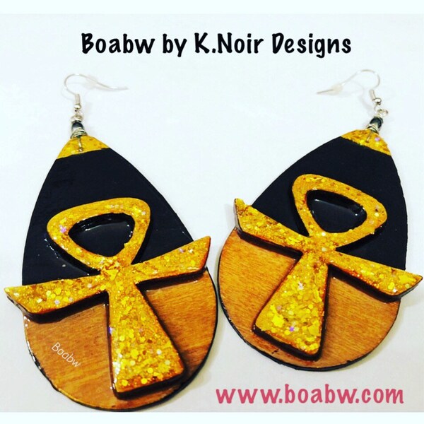 Golden Stained Ankh Earrings (Handcrafted Handmade Hand Painted Earrings BOABW Wearable Afrocentric Indigenous Art