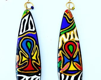 Colaful flowing Ankh Earrings (Handmade Hand Painted) Wooden Acrylic Paints BOABW