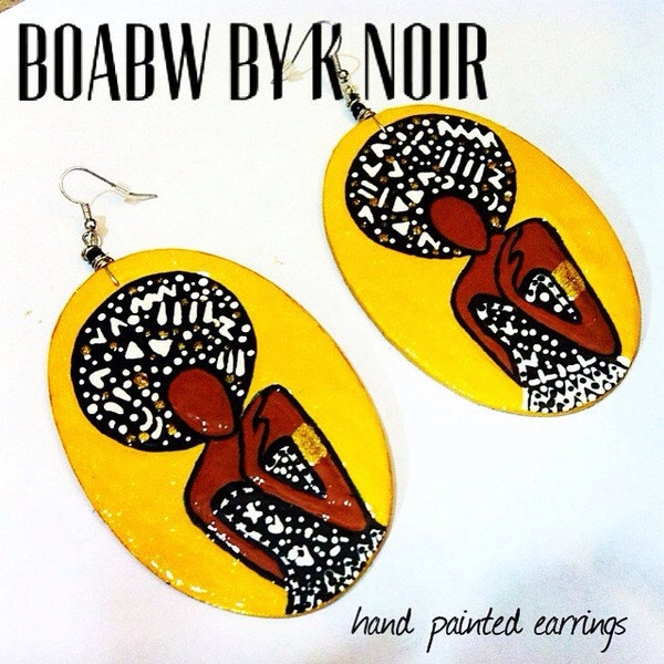 Mudcloth Fro yellow Earrings Hand Painted Earrings) Hand Drawn Earrings (Afrocentric Earrings ) BOABW