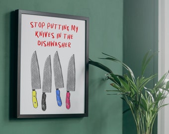 Lámina divertida para la cocina, póster de cuchillos y lavavajillas, regalo para chefs, decoración de pared (descarga digital)