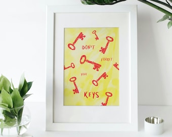 Don't Forget Your Keys Print, Yellow Watercolor Entryway Art (Digital Download)