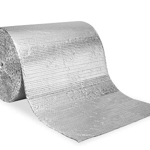 May include: A roll of silver-coloured insulation material with a bubbled texture. The insulation is rolled out and partially unrolled, showing the material's texture.