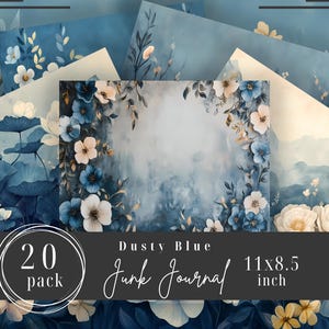 Dusty Blue Junk Journal Pages - Vintage Digital Collage & Scrapbook Paper - Floral Ephemera Sheet - 20 pages 11&quot;x8.5&quot; JP2010