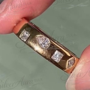 Six Stone Flush Set Diamond Wedding Band, Princess Round & Pear Cut Moissanite Ring, Cluster Diamond Band, Unique Band In 925 Silver