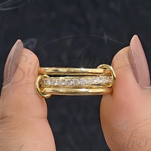 Yellow Gold Multi Link Connector Ring, Diamond Interlocking Ring, Silver Ring Set, Diamond Eternity Statement Ring Moissanite Diamond Ring