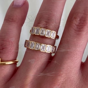 Emerald Cut Moissanite Diamond Half Eternity Wedding Band, Bezel Set Promise Anniversary Ring, UNIQUE Stackable Ring, Bridal Ring for Her