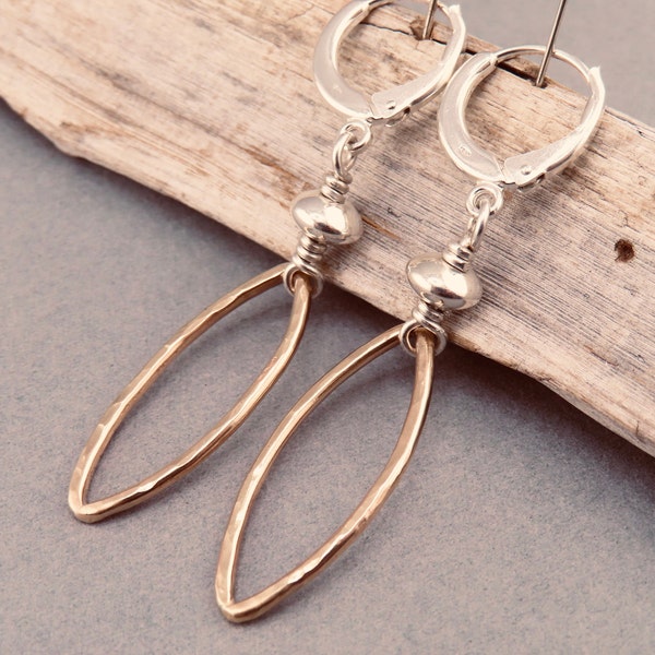 mixed metal earrings, gold and silver dangles, hand forged drop earrings in gold and silver, gift for her, metal smith mixed metal jewelry