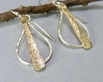 Handgeschmiedete Sterling Silber Teardrop Ohrringe, Gold gefüllte baumeln