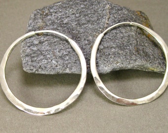 Self Locking Sterling Silver Hammered Hoops, Artisan Hand Forged Continuous Hoops, large hammered hoops in sterling silver, 1 1/2 inch hoops