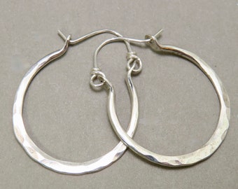 Large Artisan Hammered Sterling silver round Hoops, Handmade Hoop Earrings, boho jewelry, hand forged metalsmith jewelry, sterling earrings