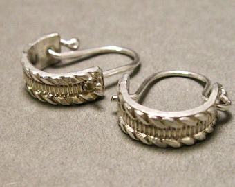 Mini notched ribbon patterned sterling silver wide hoops, boho hoops, women's jewelry,  unusual hoops, unique hoops, self locking hoops